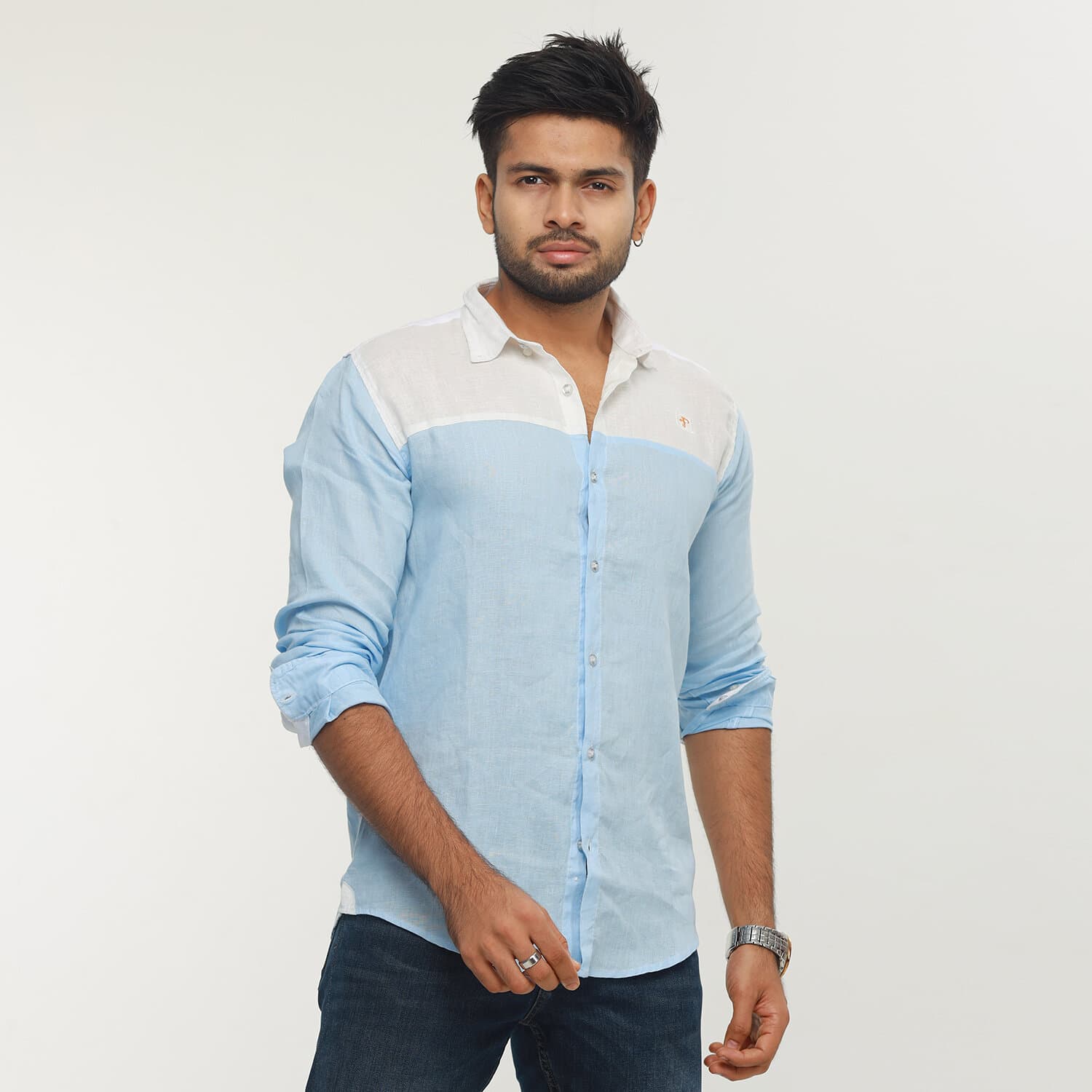 Summer Collection Premium Quality  White Sky Color Full Sleeves Casual China Rawan Fabric Shirt For Men