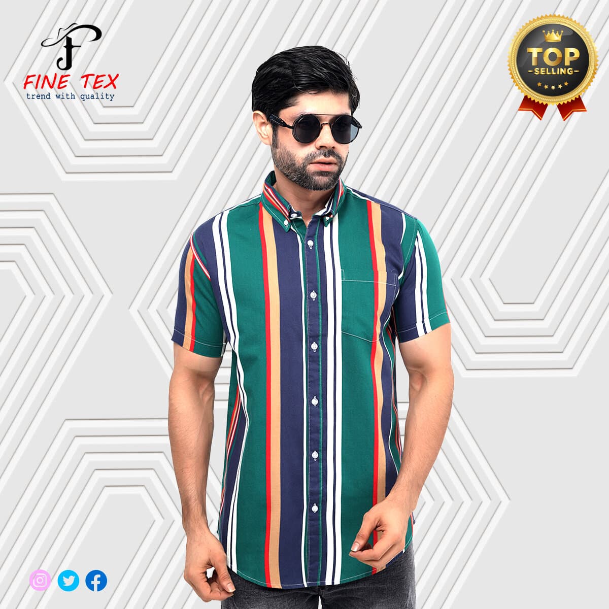 Premium Quality Indian Remi Cotton Fabric Stripe Casual Half Sleeve Shirt For Men Collection By Fine Tex Clothing