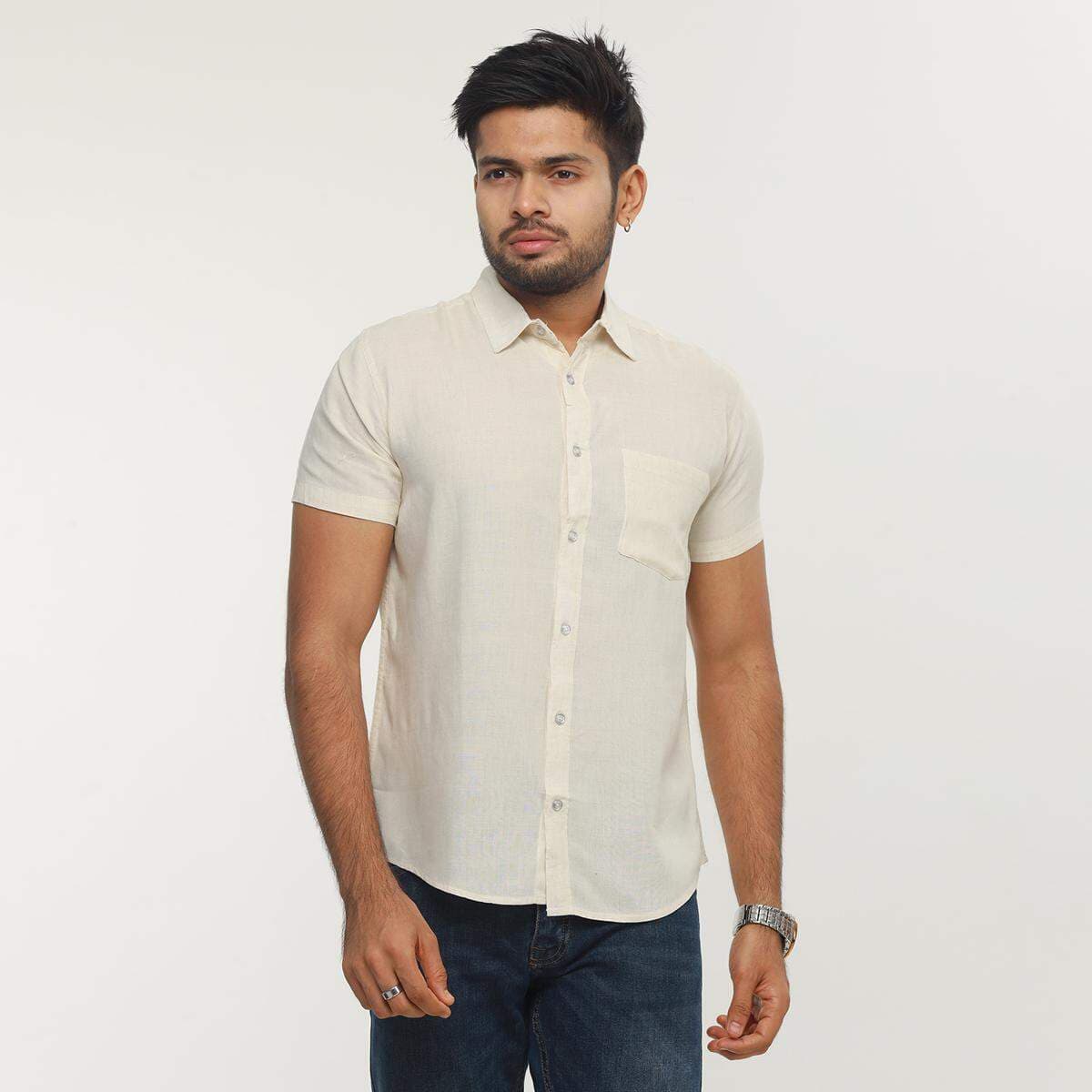 Premium Quality Rawan Fabric Biscuit Color Half Sleeve Shirt For Men Collection By Fine Tex Clothing