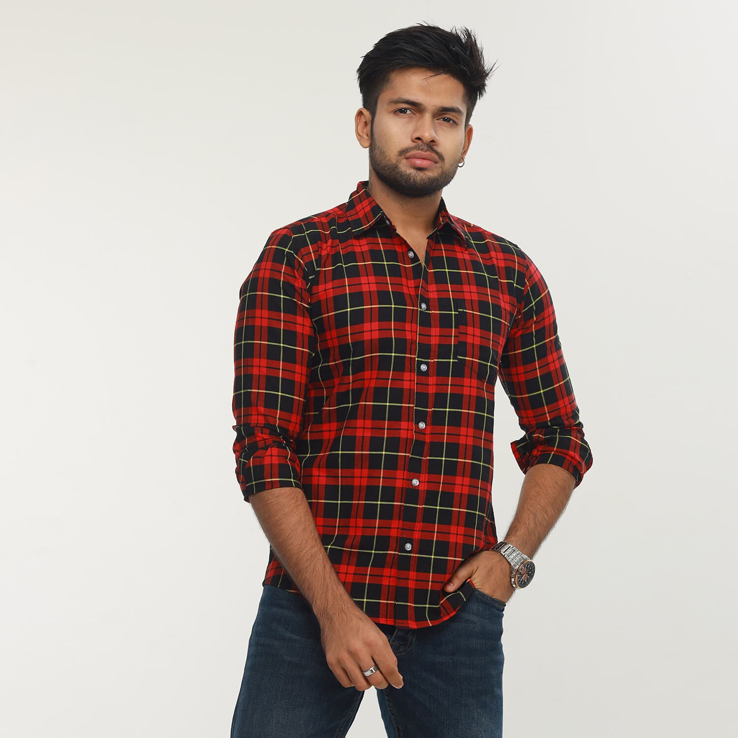 Winter Collection Premium Quality Red Color Full Sleeve Cotton Casual Check Shirt For Men Collection By Fine Tex Clothing