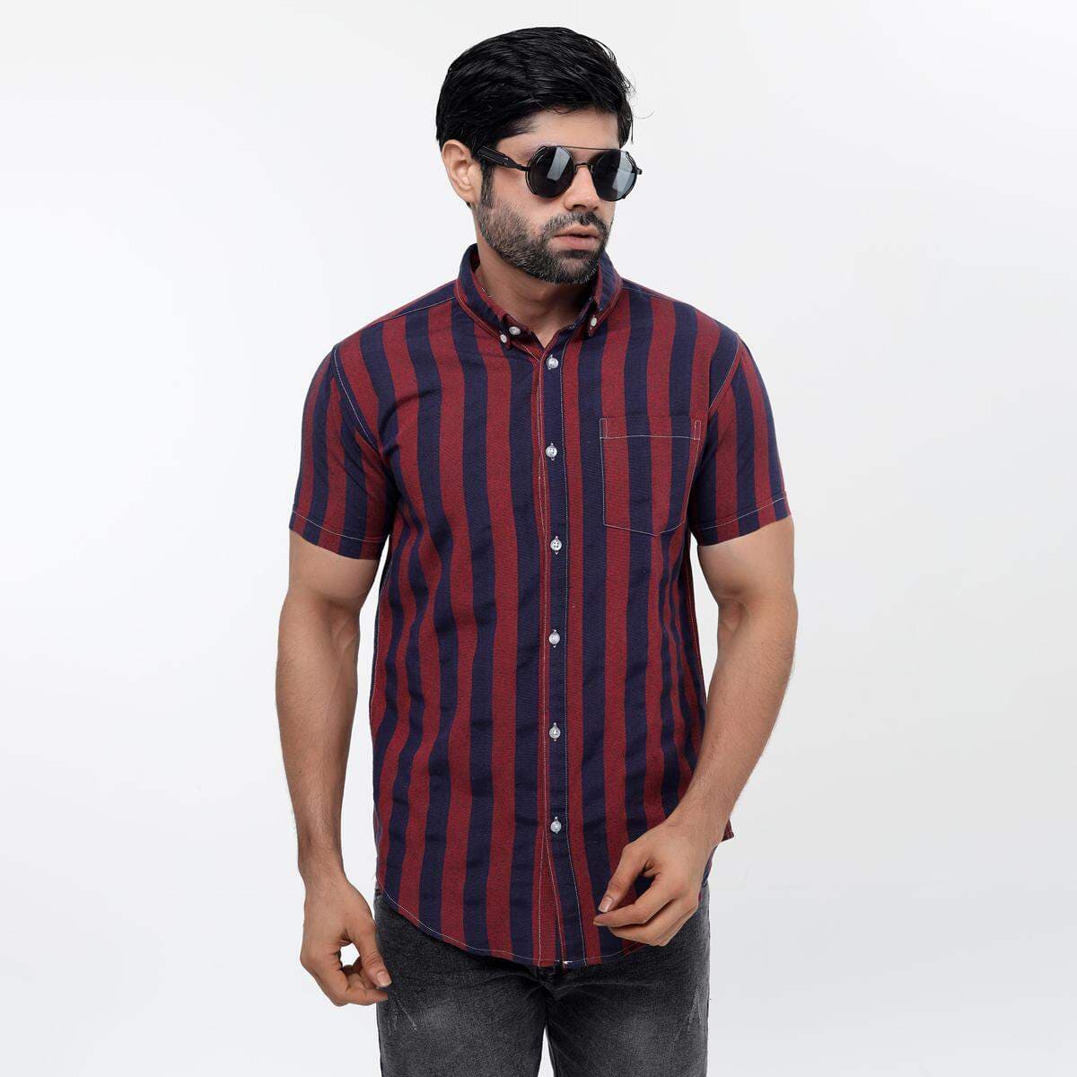 Premium Quality Indian Remi Cotton Maroon Color Stripe Casual Half Sleeve Shirt For Men Collection By Fine Tex Clothing