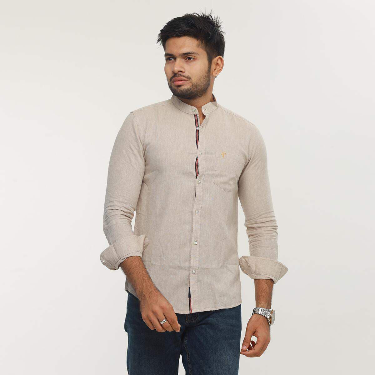 Premium Quality Indian Biscuit Color Remi Cotton Casual Band Collar Shirt For Men Collection By Fine Tex Clothing(Casual Band Collar Shirt For Men)