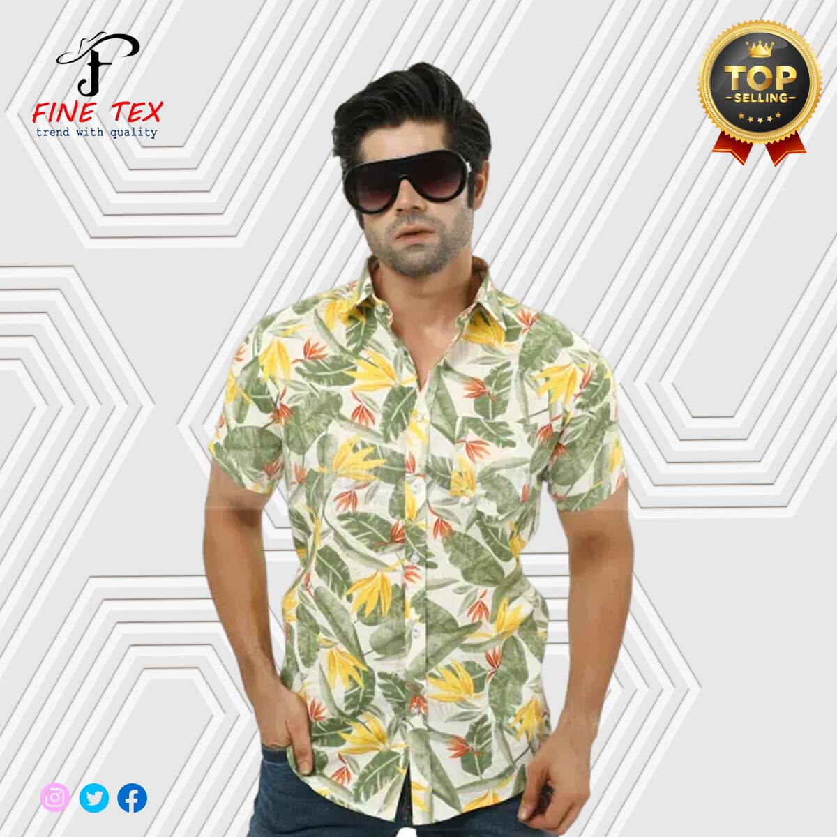 Remi Cotton Green Yellow Color Printed Casual Half Sleeve Shirt For Men Collection By Fine Tex Clothing - Remi Cotton Printed Shirt For Men