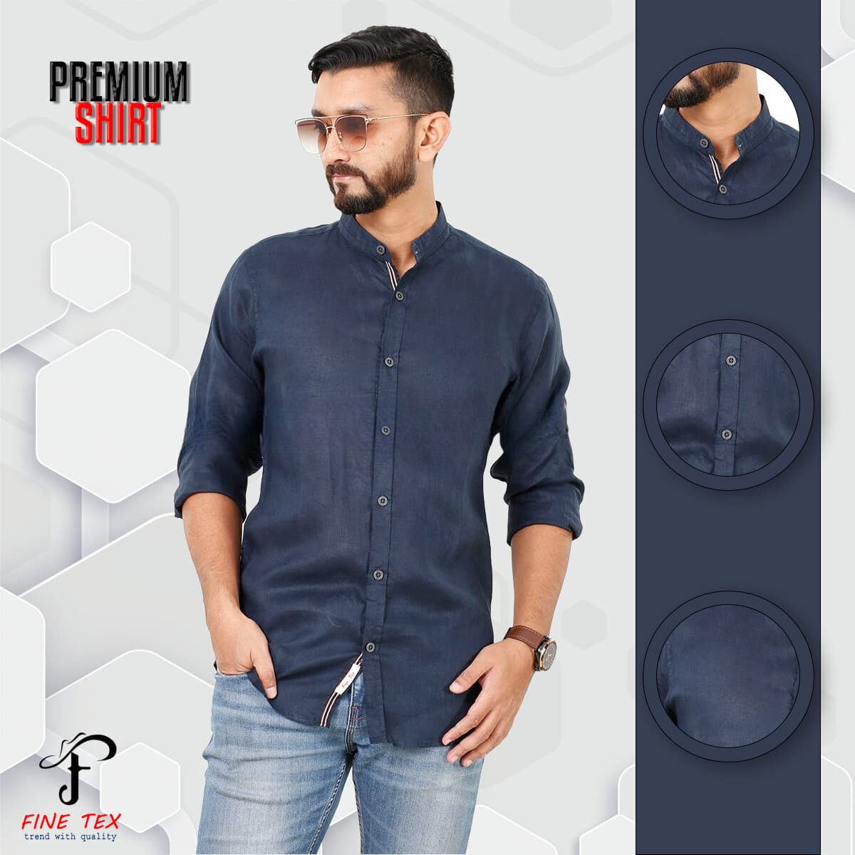 Premium Quality Rawan Fabric Navy BlueColor Casual Band Collar Shirt For Men Collection By Fine Tex Clothing(Casual Band Collar Shirt For Men)
