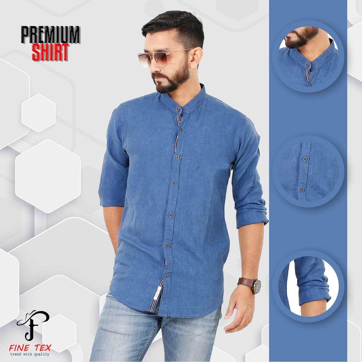 Premium Quality Rawan Fabric Blue Color Casual Band Collar Shirt For Men Collection By Fine Tex Clothing(Casual Band Collar Shirt For Men)