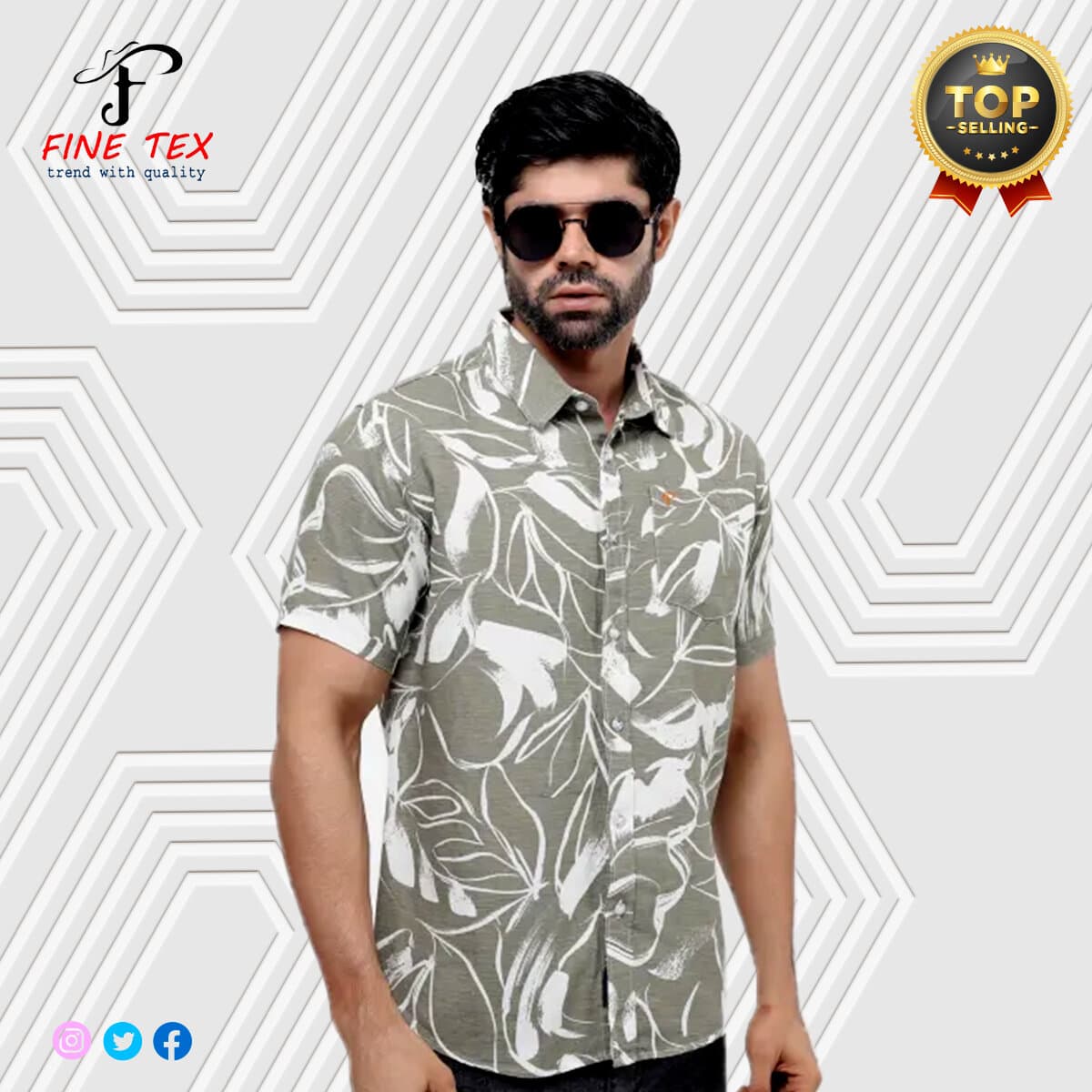 Remi Cotton Olive White Color Printed Casual Half Sleeve Shirt For Men Collection By Fine Tex Clothing