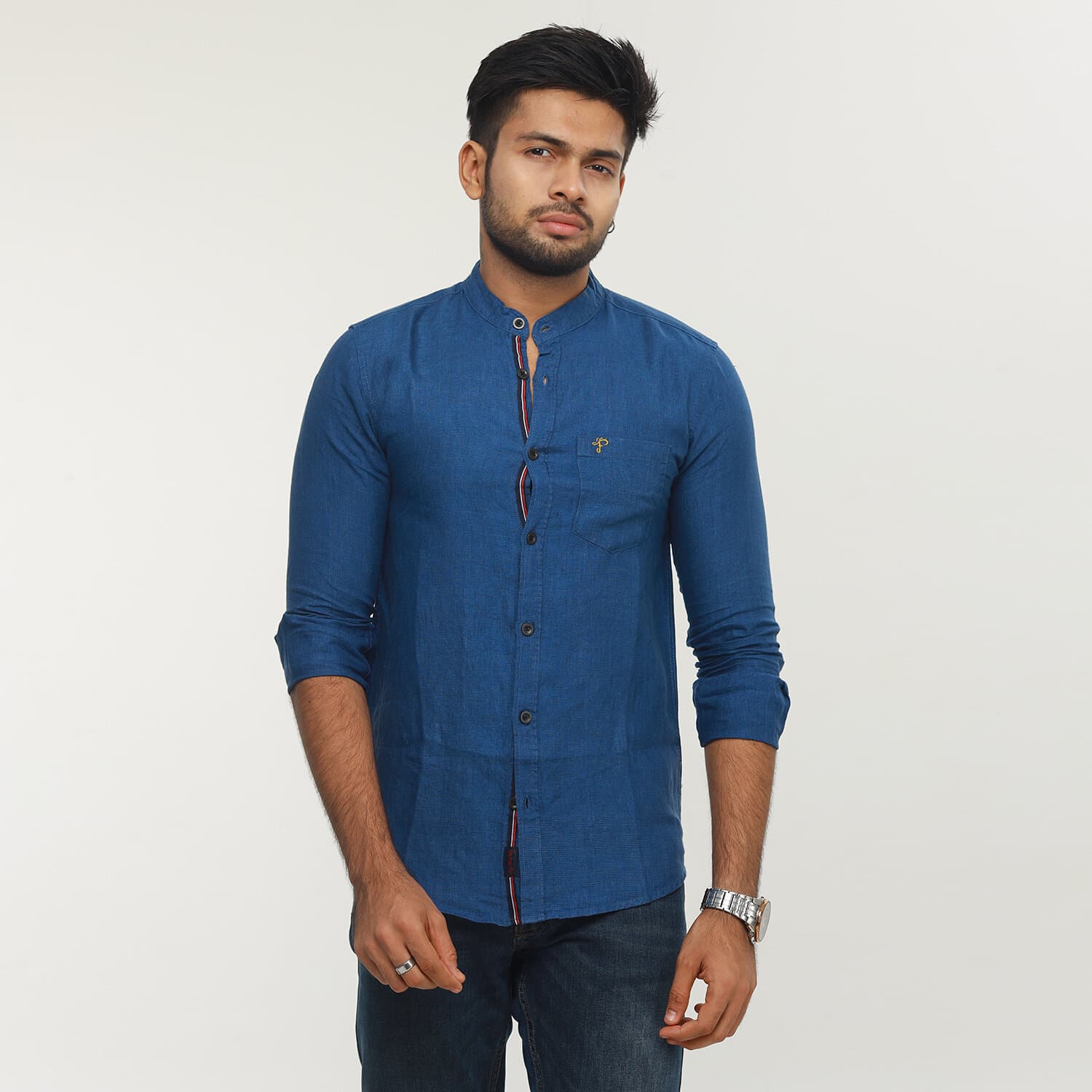 Premium Quality Indian Blue Color Remi Cotton Casual Band Collar Shirt For Men Collection By Fine Tex Clothing(Casual Band Collar Shirt For Men)