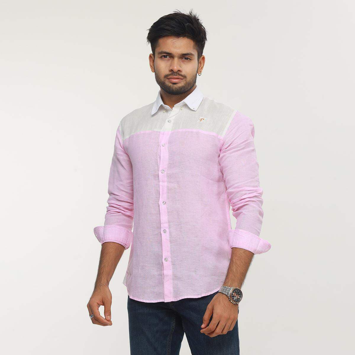 Summer Collection Premium Quality White Pink Color Full Sleeves Casual China Rawan Fabric Shirt For Men