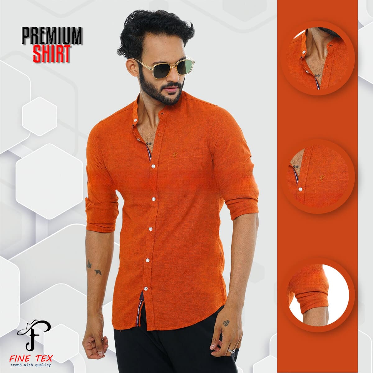 Premium Quality Rawan Fabric Orange Color Casual Band Collar Shirt For Men Collection By Fine Tex Clothing(Casual Band Collar Shirt For Men)