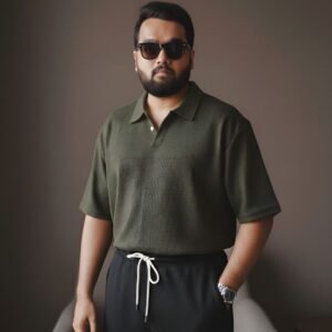 Premium Drop Shoulder Olive Color V-Polo Shirt For Men